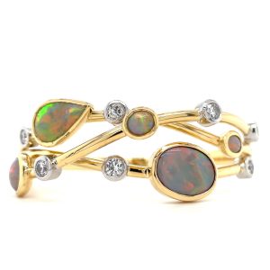 Opal and diamond hinged bangle in 18ct yellow gold
